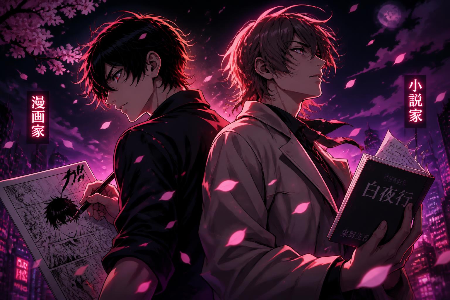 Anime-style manga artist and light novel author under a neon night sky